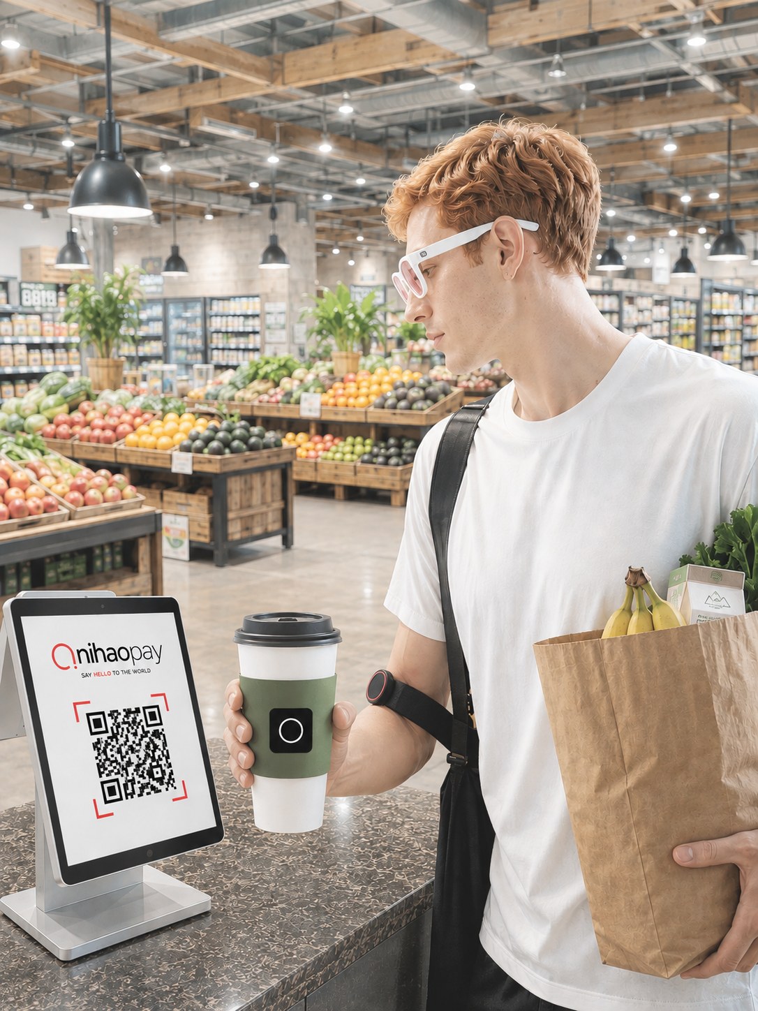 Wearing the MYSK at a checkout, paying by looking at the code