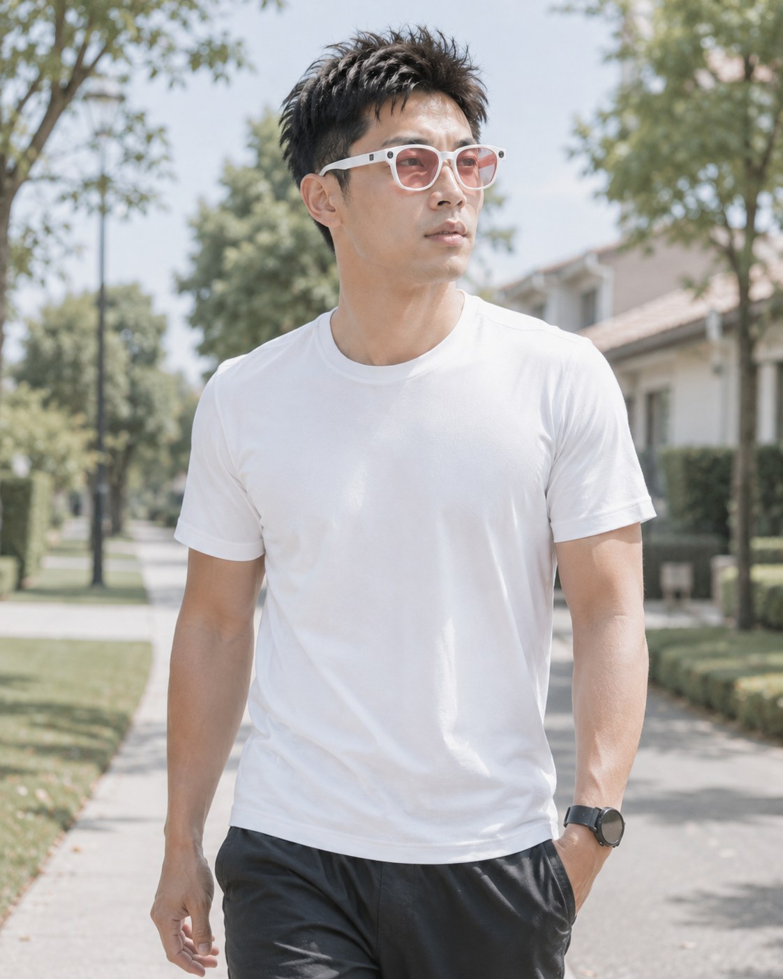 Wearing the white MYSK on the street